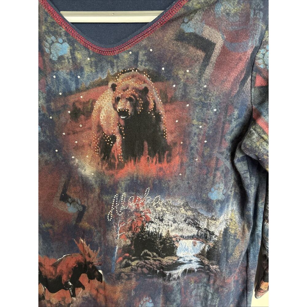 Vintage Y2K Cactus Bay XL Bear Moose Rhinestone Wildlife 3/4 Sleeve USA Top - Picture 3 of 6